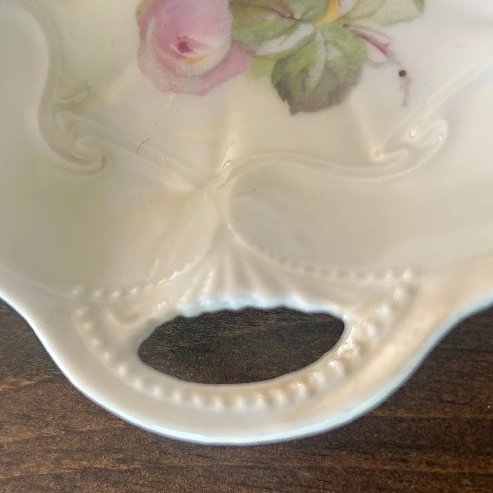Vintage Germany Porcelain Nappy Dish White Floral Rose Luster‎ Heart Cottagecore